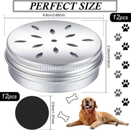 12 Pack Dog Scent Work Tins, Dog Scent Training Box, Dog Nose Metal Container with 12 Magnetic Dots, Dog Scent Training Kit Smell Training Canisters Aluminum Cans for Dogs Training (Cute)