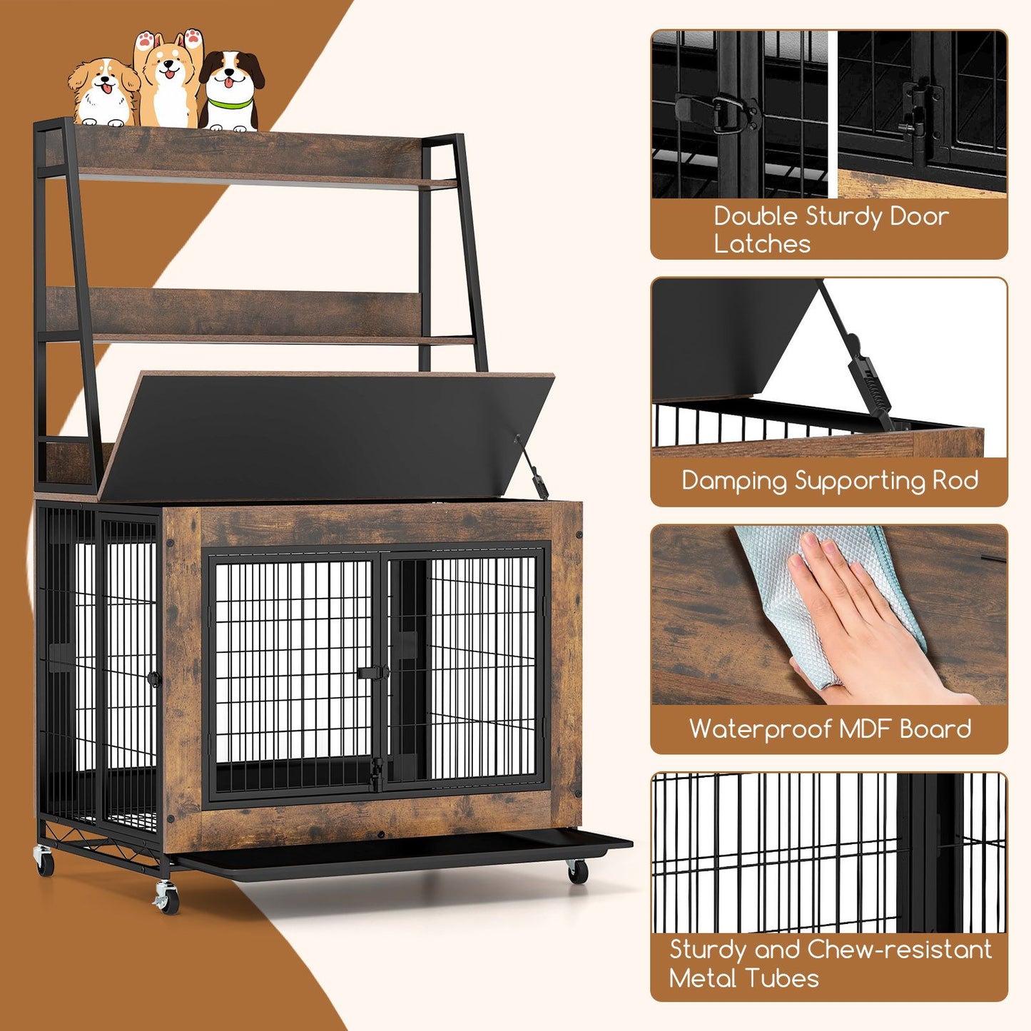 Dog Crate Furniture with 3 Lockable Doors and Flip-Up Top