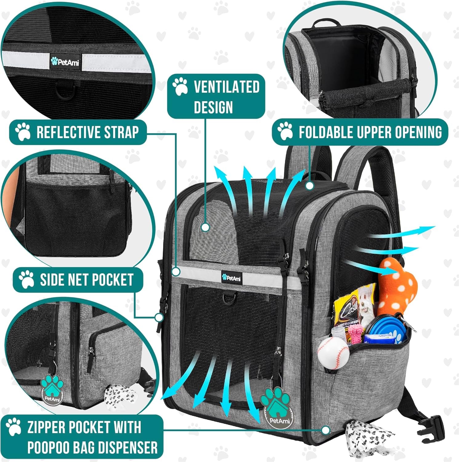 Dog Backpack Carrier for Small Large Cat, Pet, Puppies, Ventilated Pet Hiking Backpack Travel Bag, Airline Approved Cat Backpack Carrier, Safety Back Support, Camping Biking, Max 18 Lbs, Grey