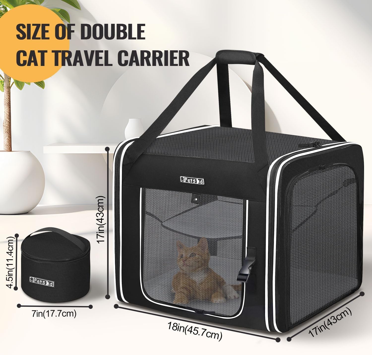Combinable Pet Carrier for Large Cat or Medium Dog, 18"X17"X17" Large Cat Carrier for Car Travel, 2 Small Pet Soft Carriers with Food Bag, Bowl and Safety Locking Zippers for Vet, Camping