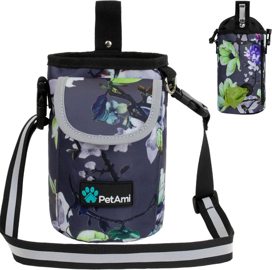 Large Dog Training Treat Bag with Adjustable Waist Belt, Built-In Poop Bag Dispenser & Multiple Storage Pockets, Hands-Free Dog Walking & Training Accessory (Floral Grey)