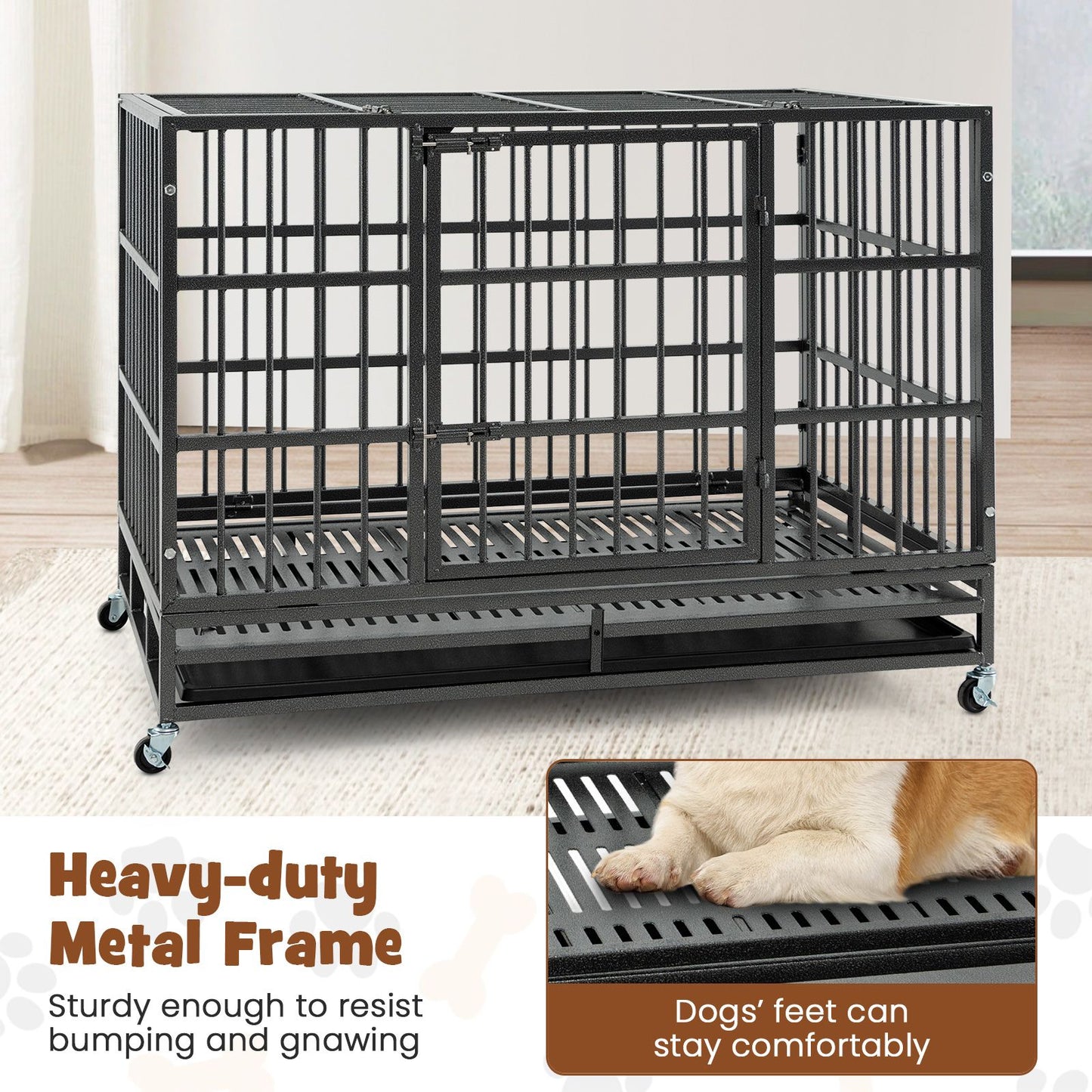 96/120Cm Metal Dog Cage Foldable with Double Door and Wheels