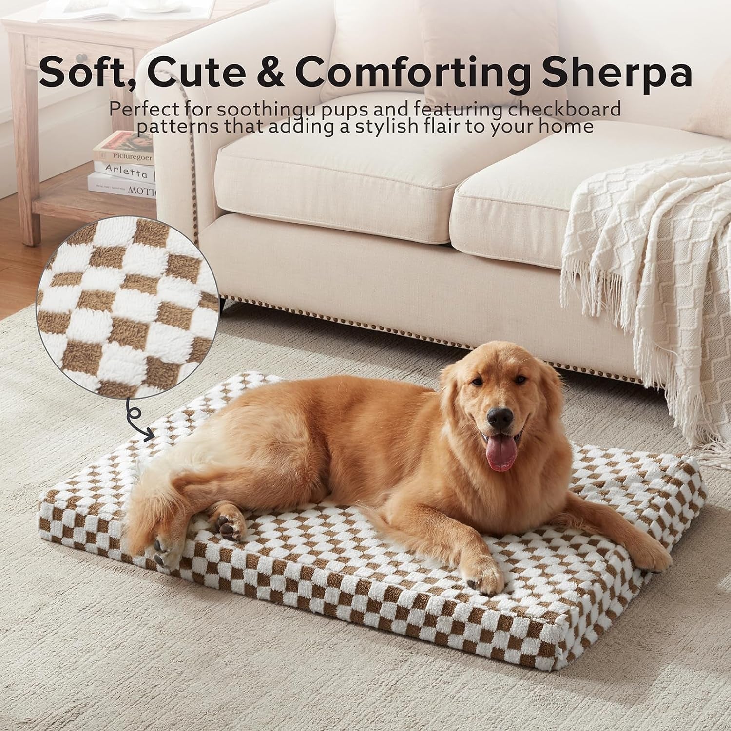 Dog Bed for Medium Dogs, Large Orthopedic Dog Bed with Removable Washable Cover, Cute Modern Plush & Memory Egg Crate Foam Dog Bed(Brown)