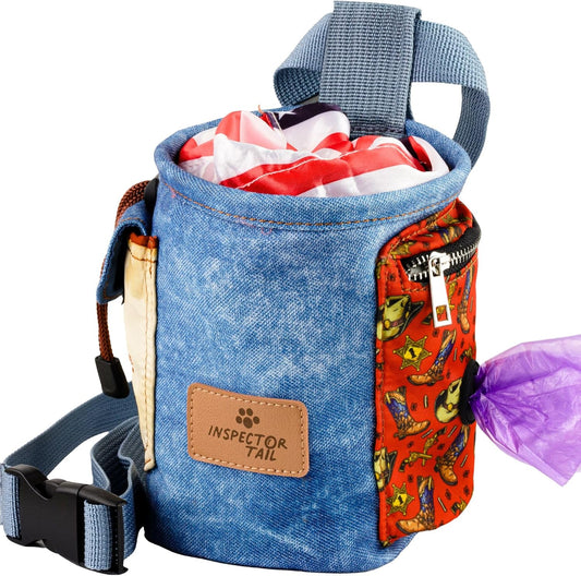 Dog Treat Pouch W Western Cowboy Style to Strand Out | Dog Training Bag W Drawstring Airtight Closure to Keep Treats Fresh | Hands-Free & Adjustable Tote | Holder for Hiking & Walking