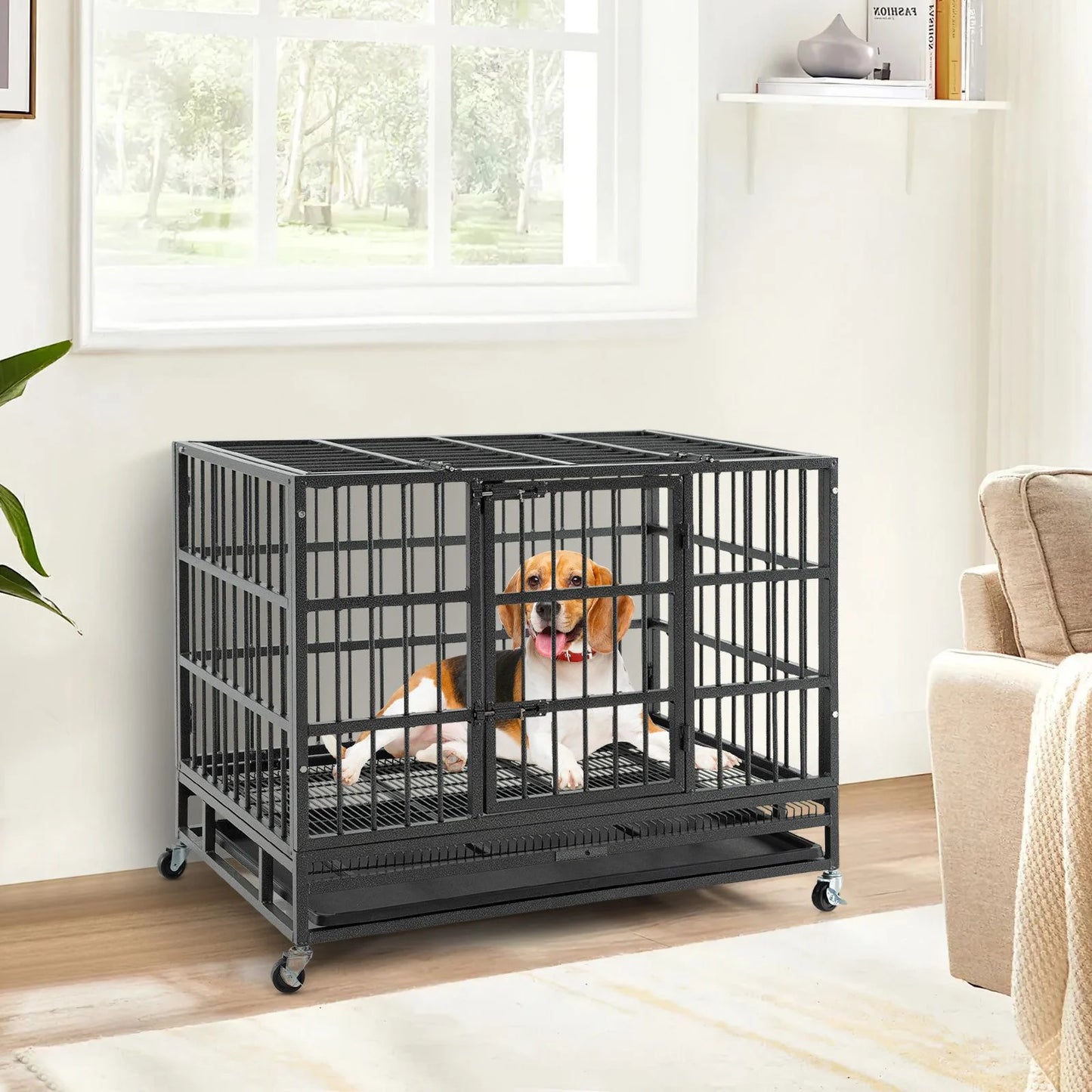 96/120Cm Metal Dog Cage Foldable with Double Door and Wheels