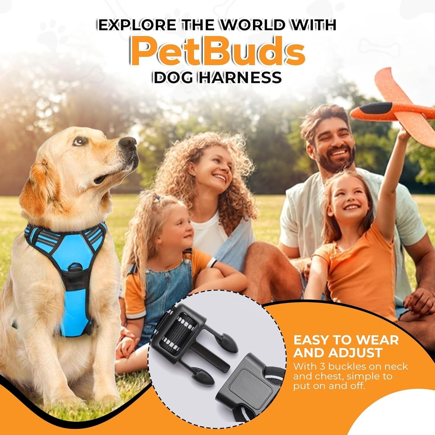 Adjustable No Pull Dog Harness with Free Heavy Duty 5Ft Dog Leash by Petbuds UK