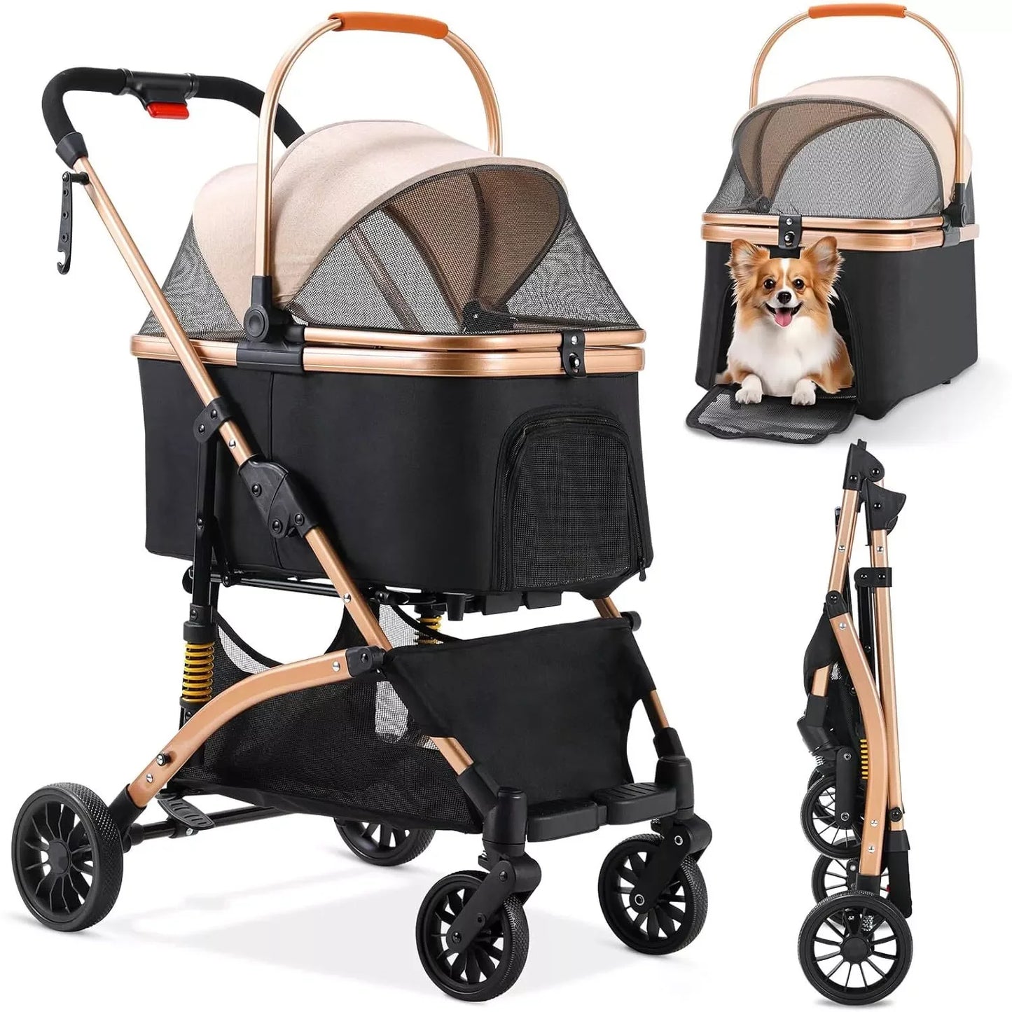 Dog Buggy 2 in 1 Stroller Dog Box Transport Foldable Cat Stroller, 360° Wear-Resistant Rubber Wheels, with Storage Basket