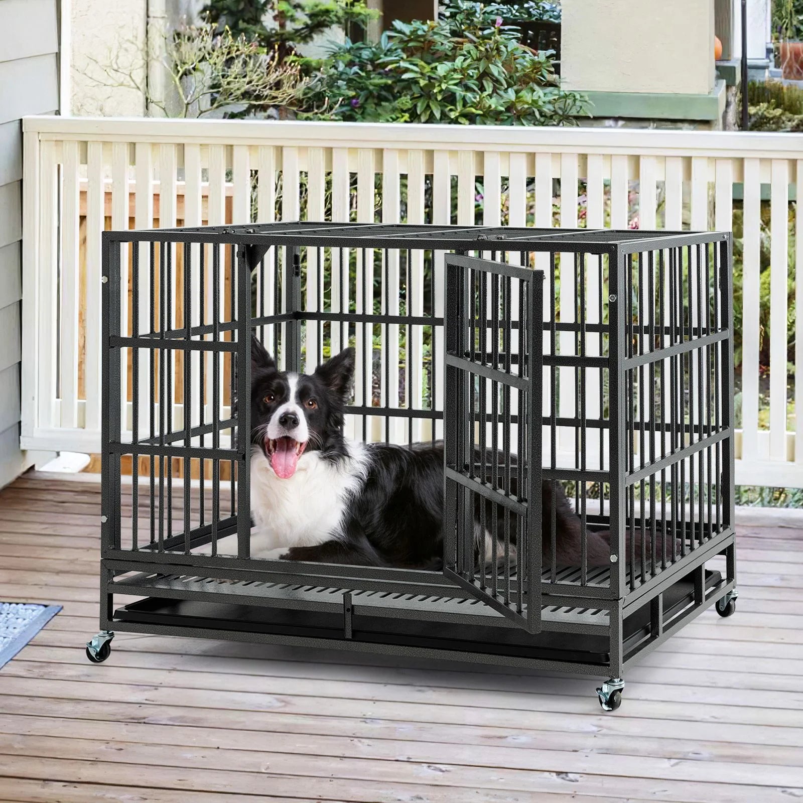 96/120Cm Metal Dog Cage Foldable with Double Door and Wheels