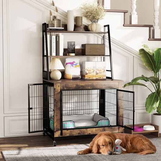 Dog Crate Furniture with 3 Lockable Doors and Flip-Up Top