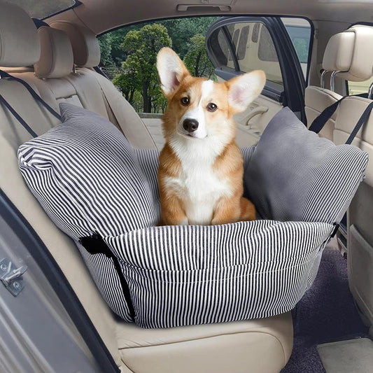 Dog Car Seat for Medium Dogs under 60 Lbs Pet，2 in 1 Booster Seats Dog Bed for Car and Home Safety Travel Carrier with 2 Pockets, Blau Stripes