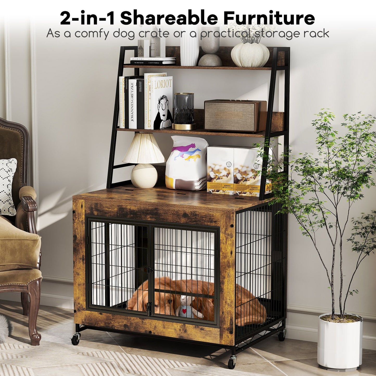 Dog Crate Furniture with 3 Lockable Doors and Flip-Up Top