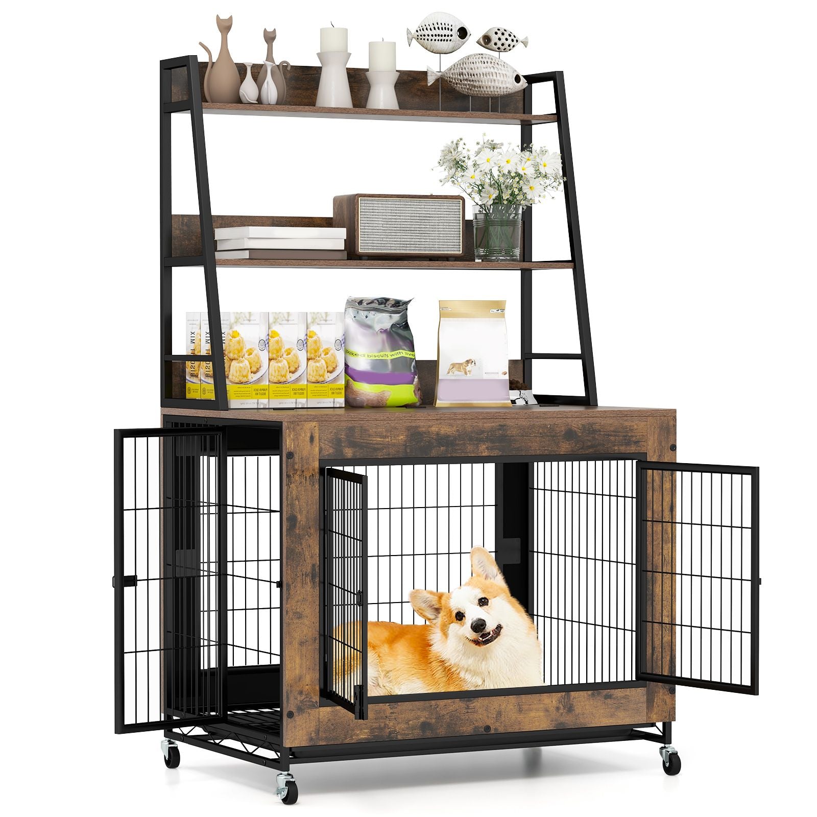 Dog Crate Furniture with 3 Lockable Doors and Flip-Up Top