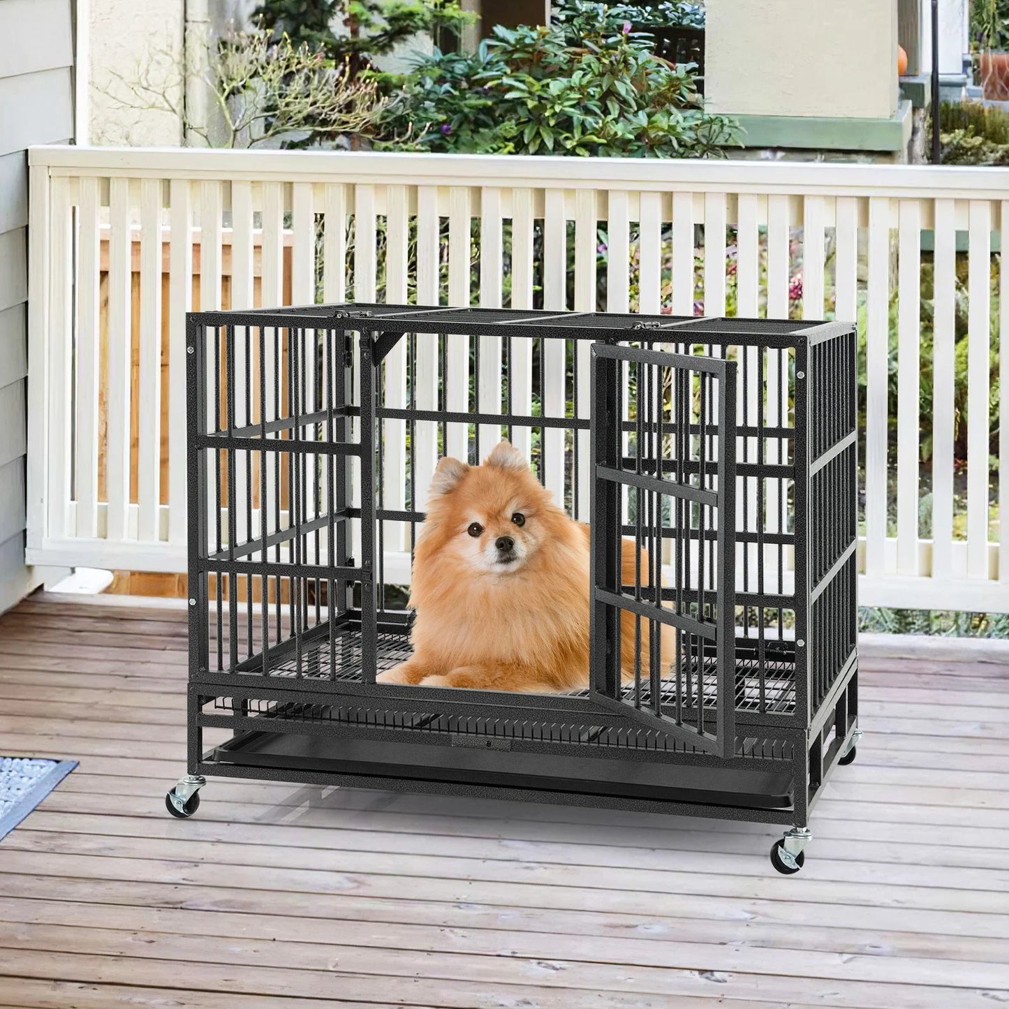 96/120Cm Metal Dog Cage Foldable with Double Door and Wheels