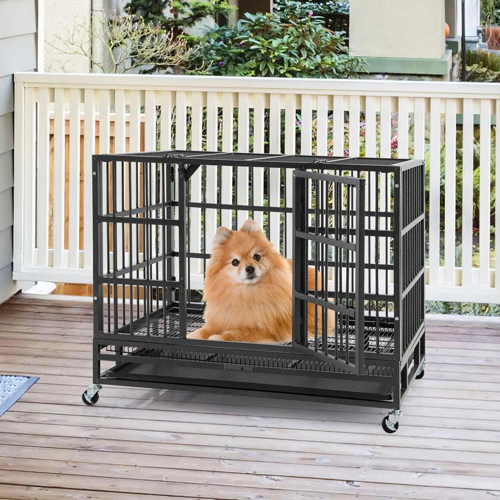 96/120Cm Metal Dog Cage Foldable with Double Door and Wheels