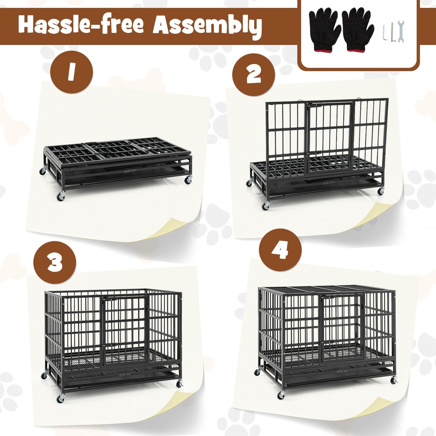 96/120Cm Metal Dog Cage Foldable with Double Door and Wheels