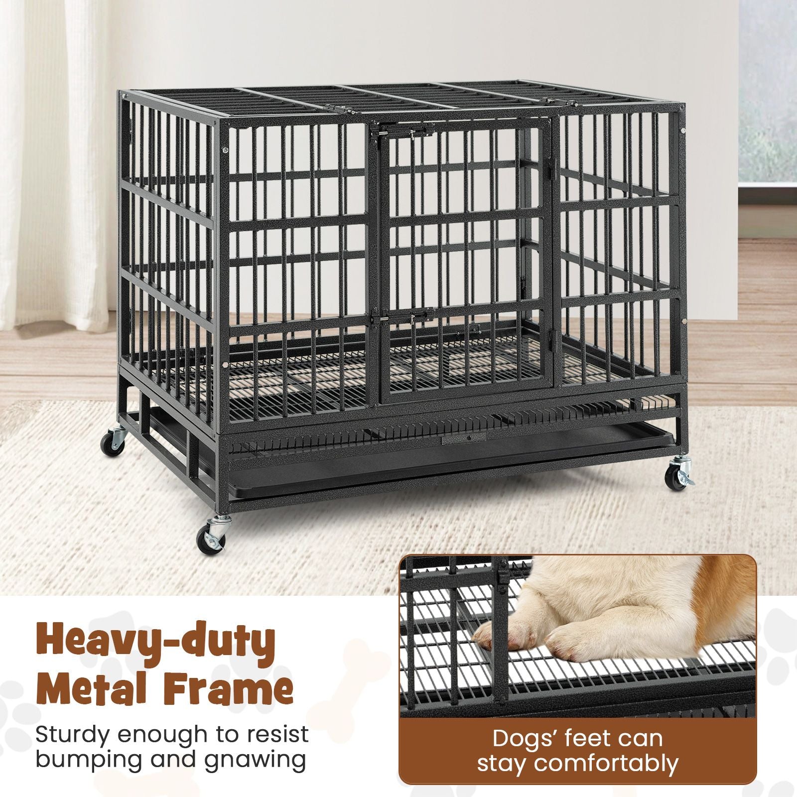 96/120Cm Metal Dog Cage Foldable with Double Door and Wheels