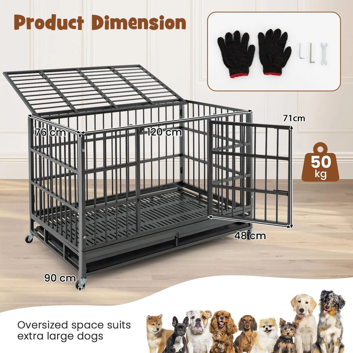 96/120Cm Metal Dog Cage Foldable with Double Door and Wheels