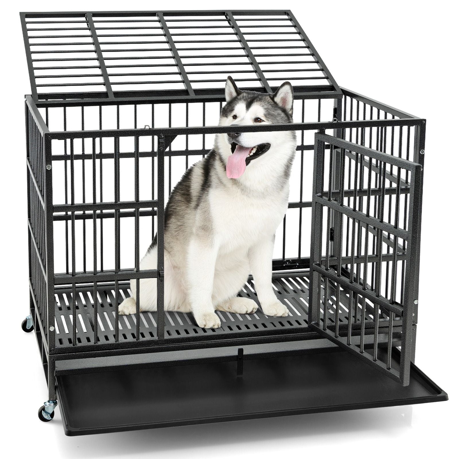 96/120Cm Metal Dog Cage Foldable with Double Door and Wheels