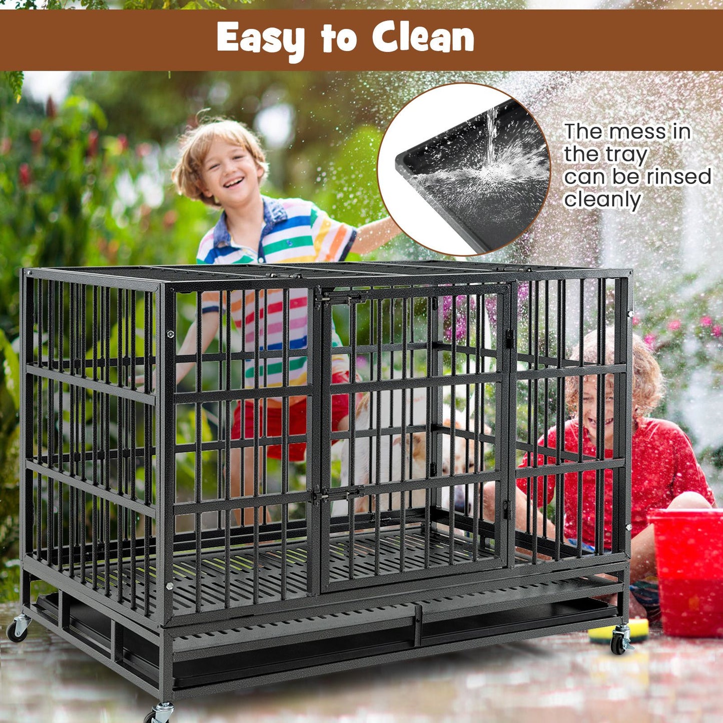 96/120Cm Metal Dog Cage Foldable with Double Door and Wheels
