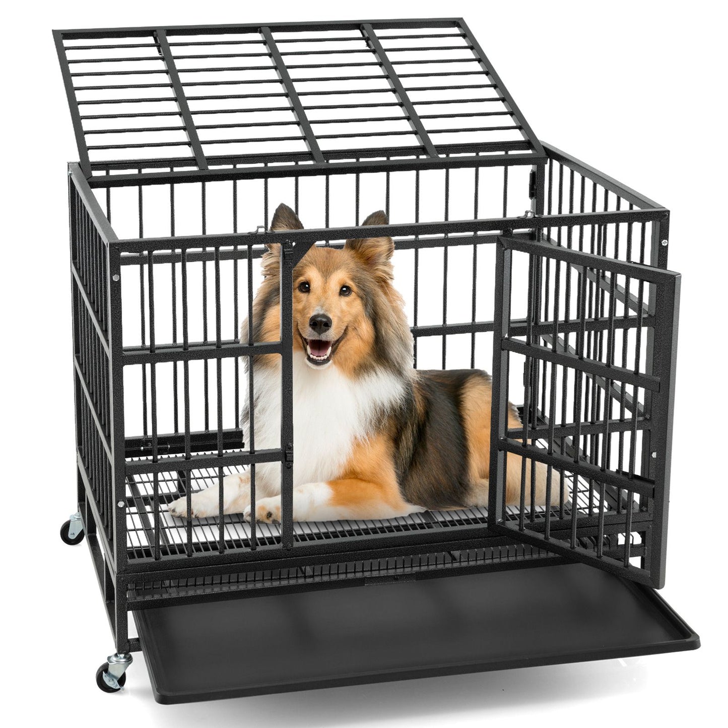 96/120Cm Metal Dog Cage Foldable with Double Door and Wheels