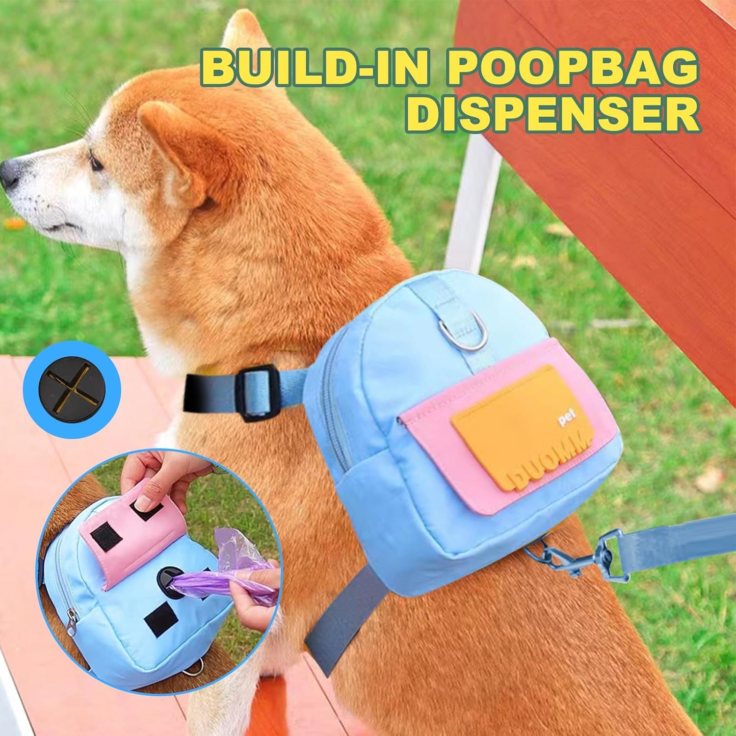 Dog Backpack Harness with Leash, Pet Self Carrier Adjustable Travel Hiking Walking Harness Backpack for Small Medium Dogs, Dog Poop Bag Dispenser