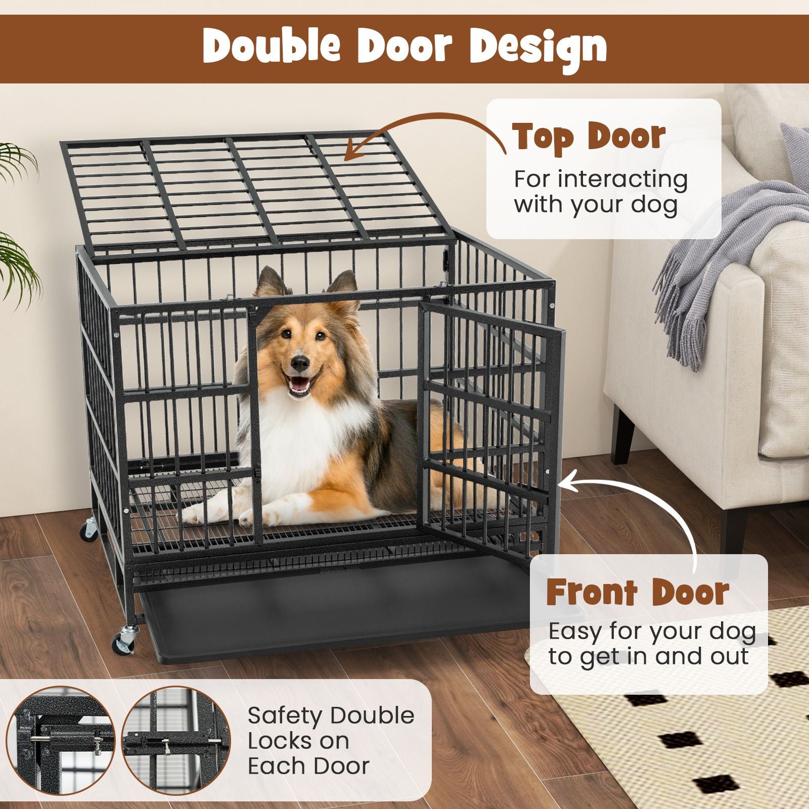 96/120Cm Metal Dog Cage Foldable with Double Door and Wheels