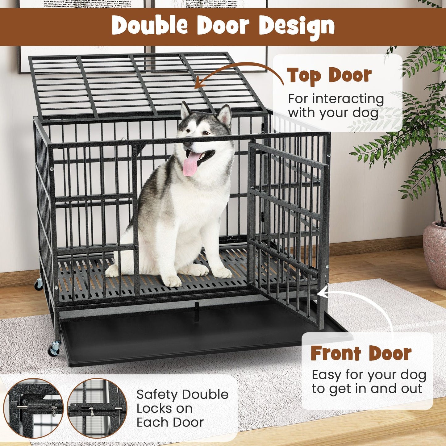 96/120Cm Metal Dog Cage Foldable with Double Door and Wheels