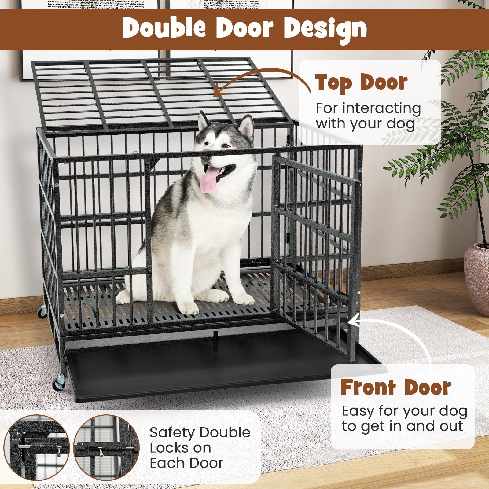 96/120Cm Metal Dog Cage Foldable with Double Door and Wheels