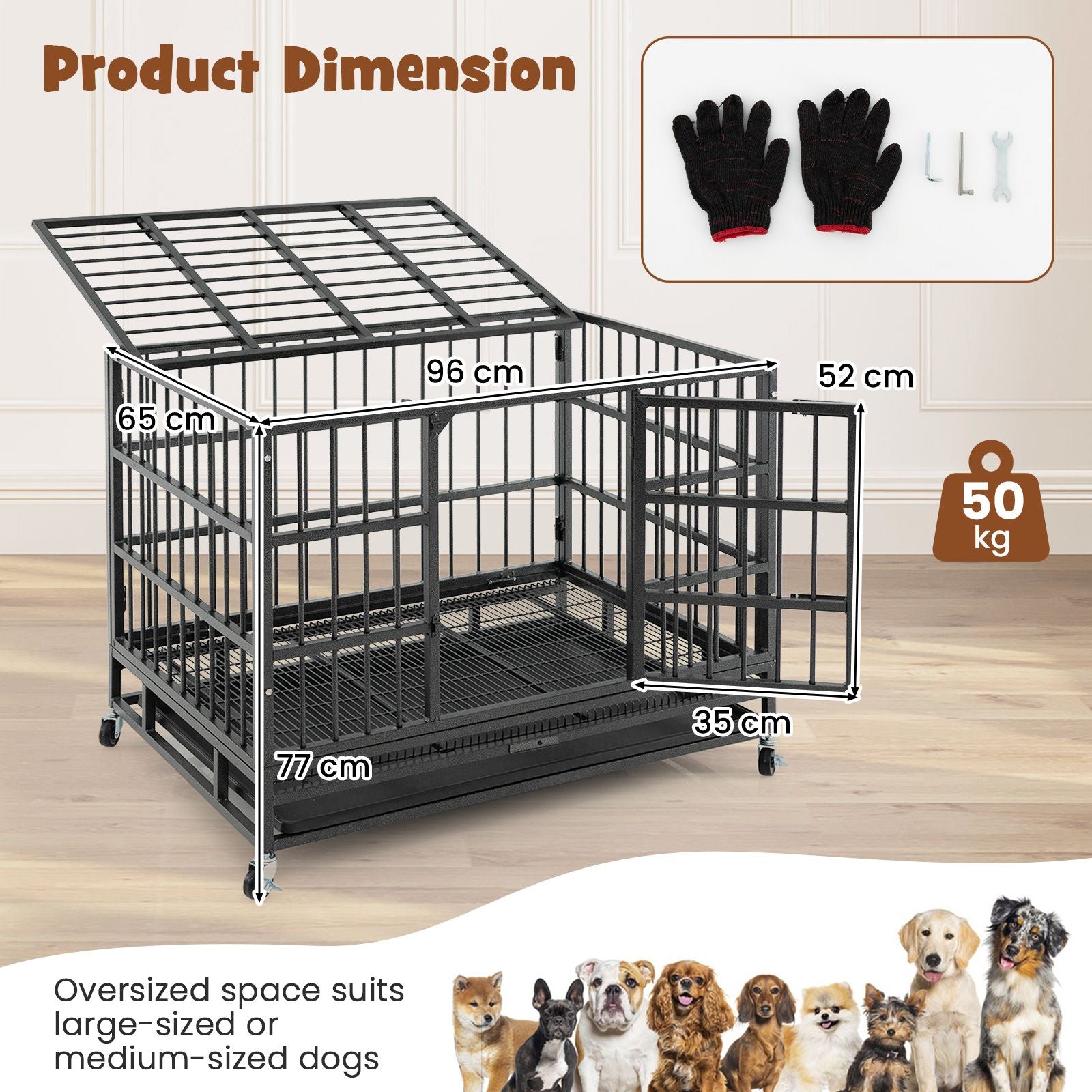 96/120Cm Metal Dog Cage Foldable with Double Door and Wheels