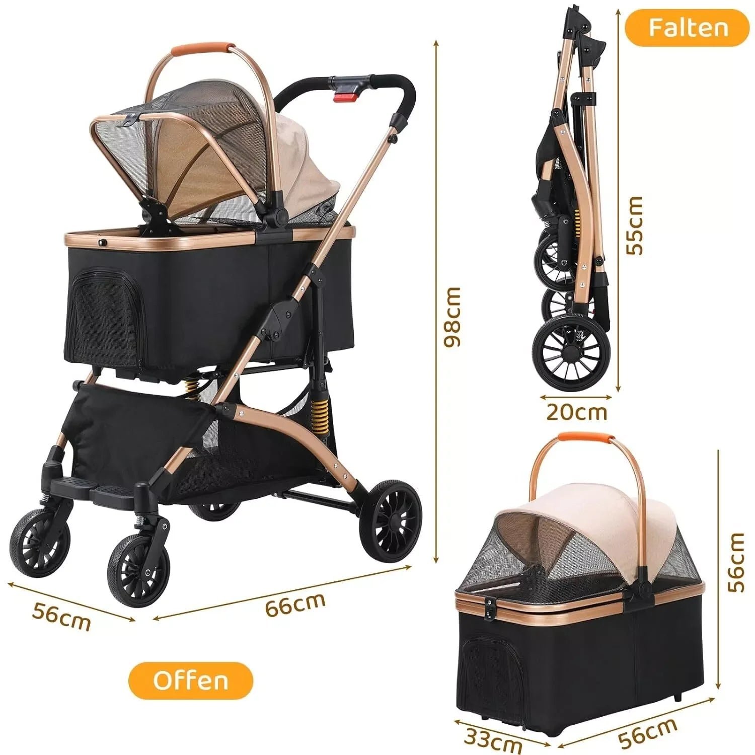 Dog Buggy 2 in 1 Stroller Dog Box Transport Foldable Cat Stroller, 360° Wear-Resistant Rubber Wheels, with Storage Basket