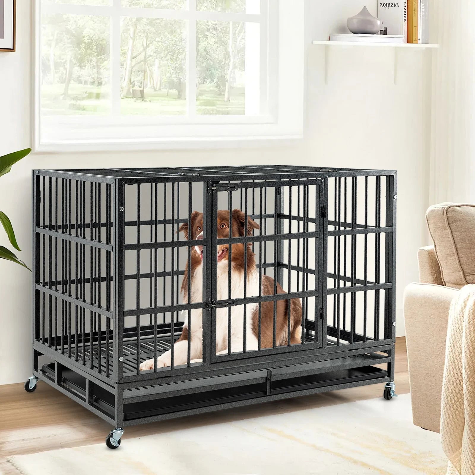 96/120Cm Metal Dog Cage Foldable with Double Door and Wheels