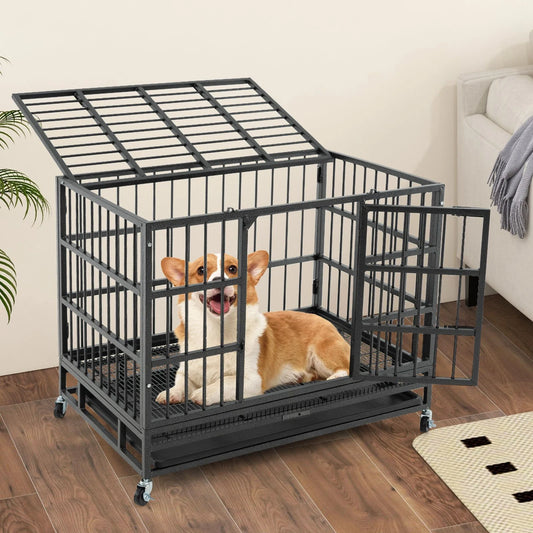 96/120Cm Metal Dog Cage Foldable with Double Door and Wheels