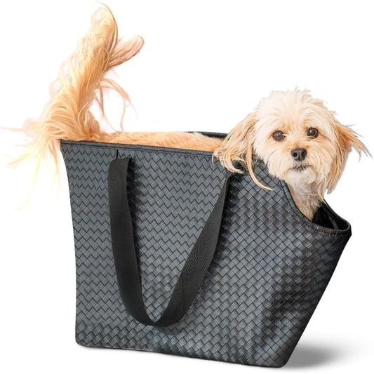 Luxury Woven Dog Purse Carrier - Cozy Faux Leather, Secure Harness Clip, Black Tote Bag for Small Dogs and Puppies