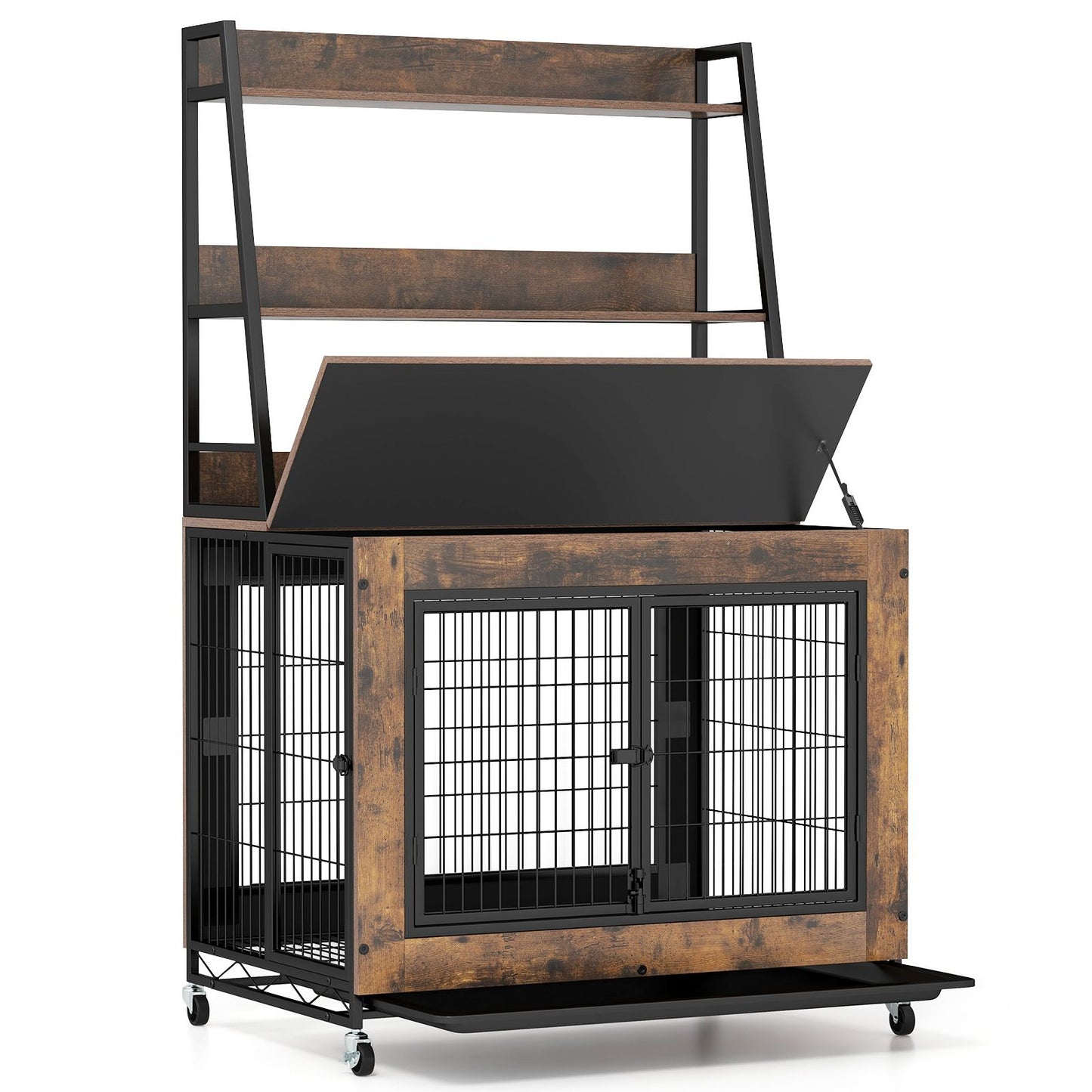Dog Crate Furniture with 3 Lockable Doors and Flip-Up Top