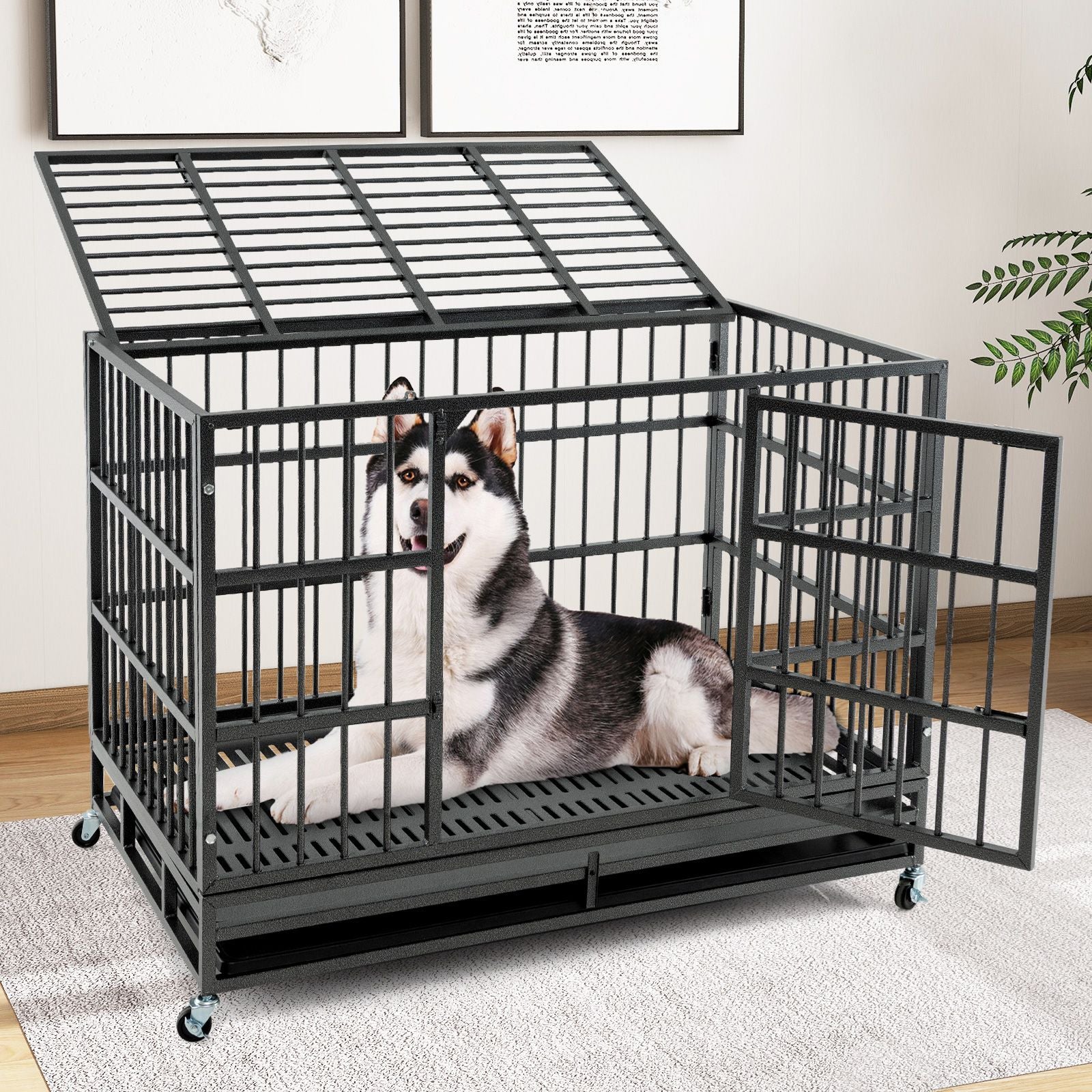 96/120Cm Metal Dog Cage Foldable with Double Door and Wheels