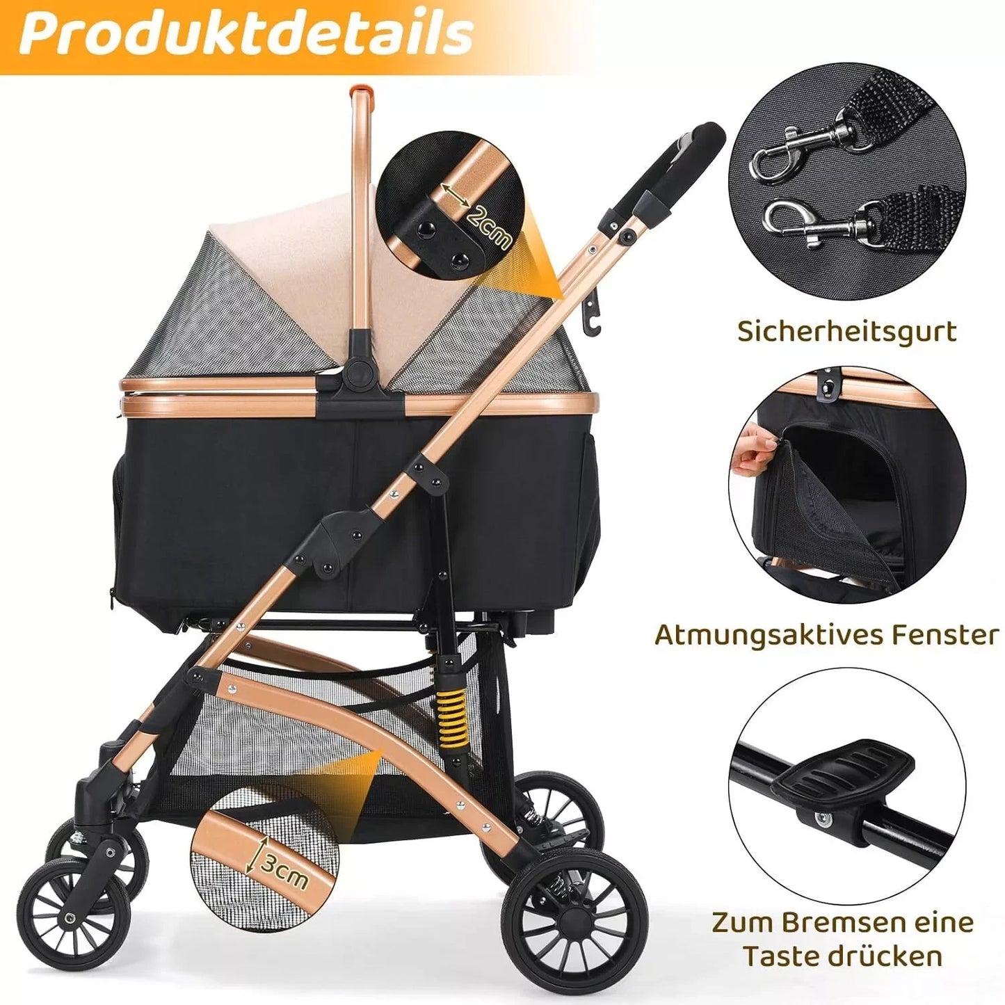 Dog Buggy 2 in 1 Stroller Dog Box Transport Foldable Cat Stroller, 360° Wear-Resistant Rubber Wheels, with Storage Basket