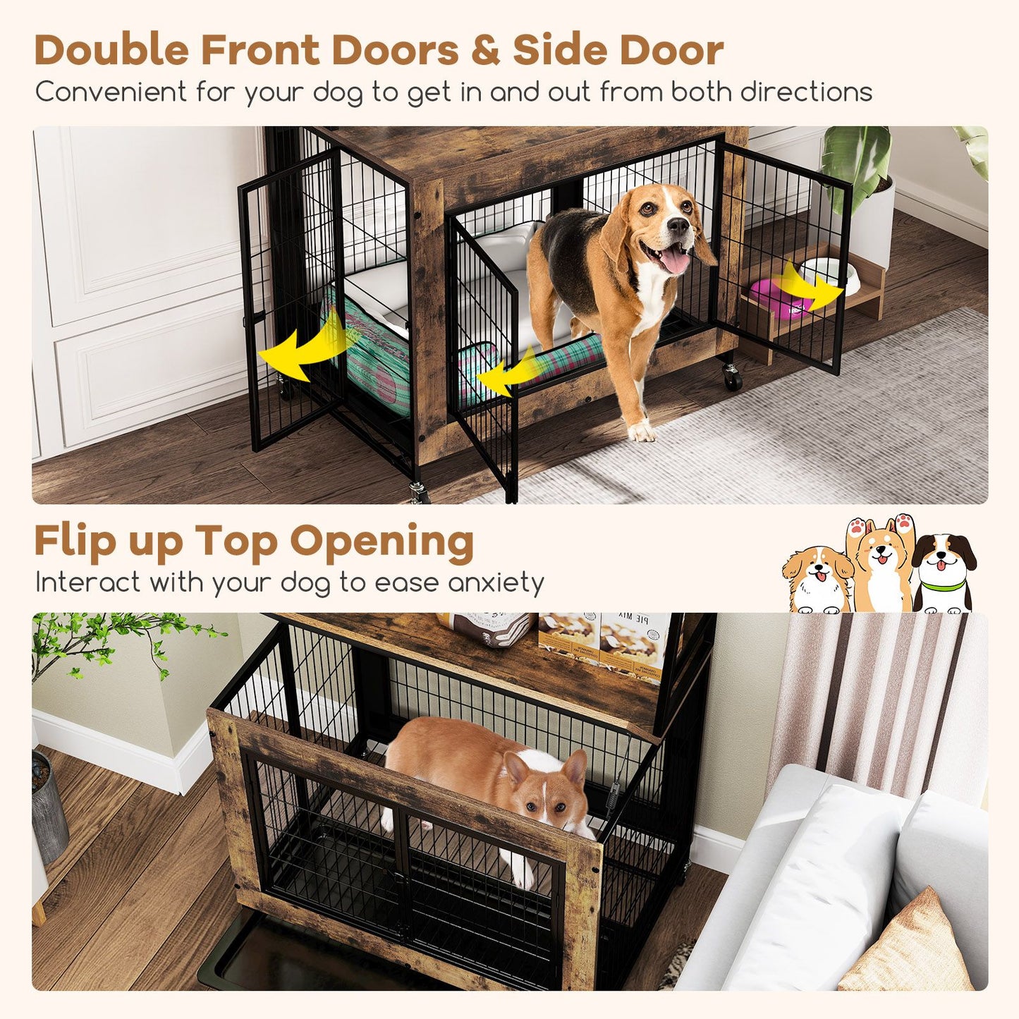 Dog Crate Furniture with 3 Lockable Doors and Flip-Up Top