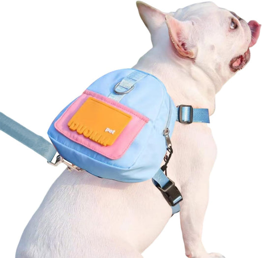 Dog Backpack Harness with Leash, Pet Self Carrier Adjustable Travel Hiking Walking Harness Backpack for Small Medium Dogs, Dog Poop Bag Dispenser