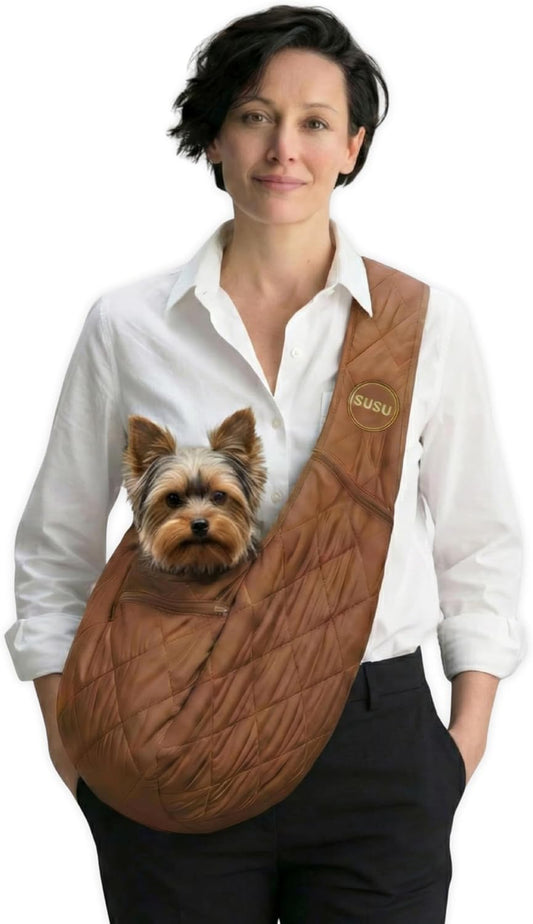 SUSU Small Dog Carrier Sling – Hands-Free Puppy Carrier Sling for Small Dogs & Cats Upto 9Lbs | Adjustable, Soft & Secure Dog Slings for Travel & Walking (Camel-Brown)