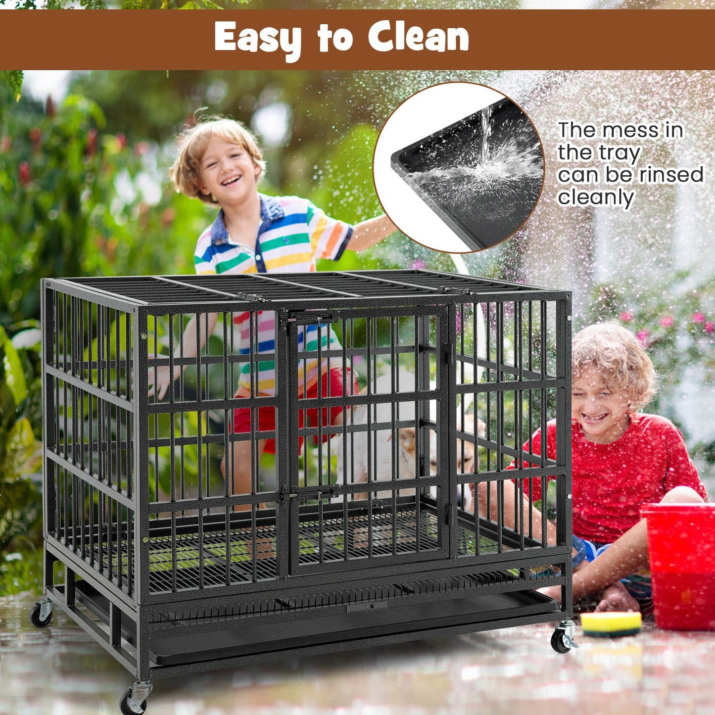 96/120Cm Metal Dog Cage Foldable with Double Door and Wheels