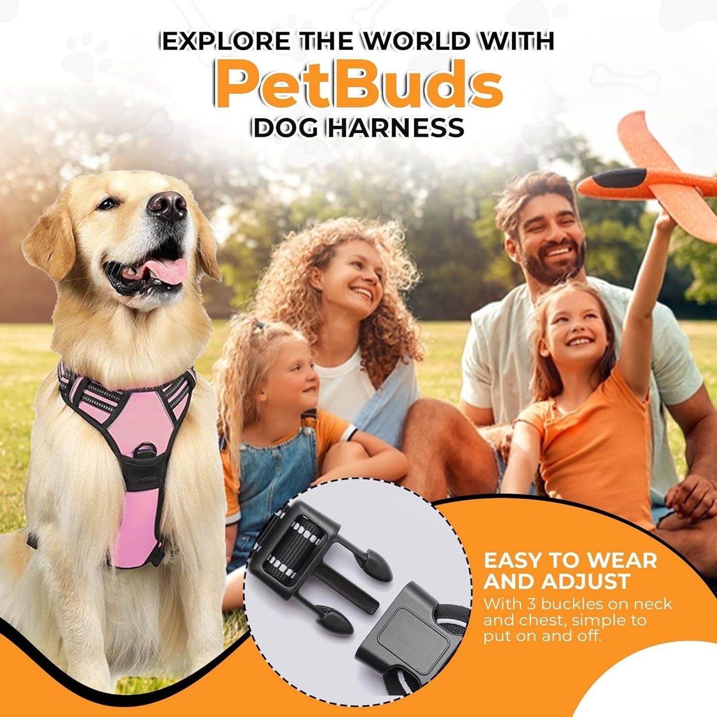 Adjustable No Pull Dog Harness with Free Heavy Duty 5Ft Dog Leash by Petbuds UK