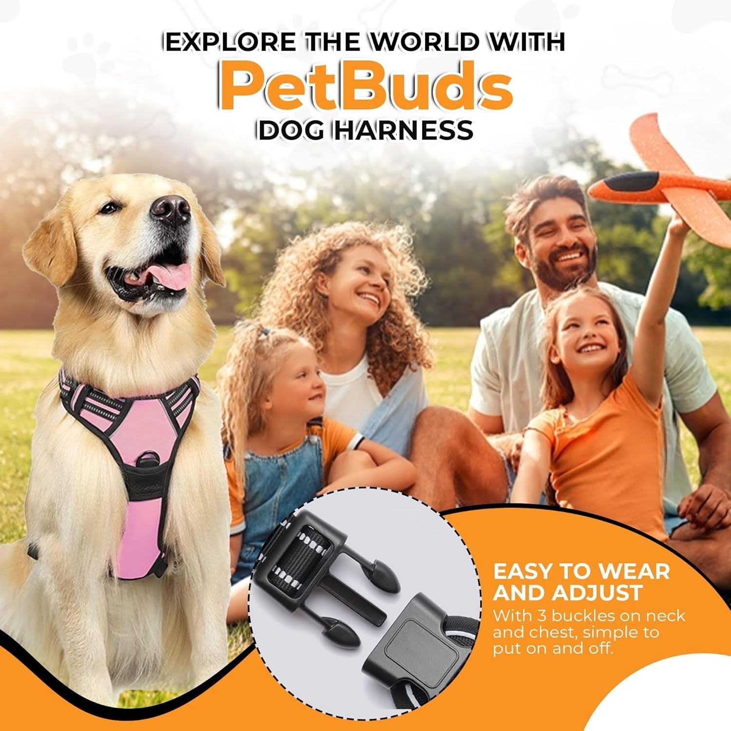 Adjustable No Pull Dog Harness with Free Heavy Duty 5Ft Dog Leash by Petbuds UK