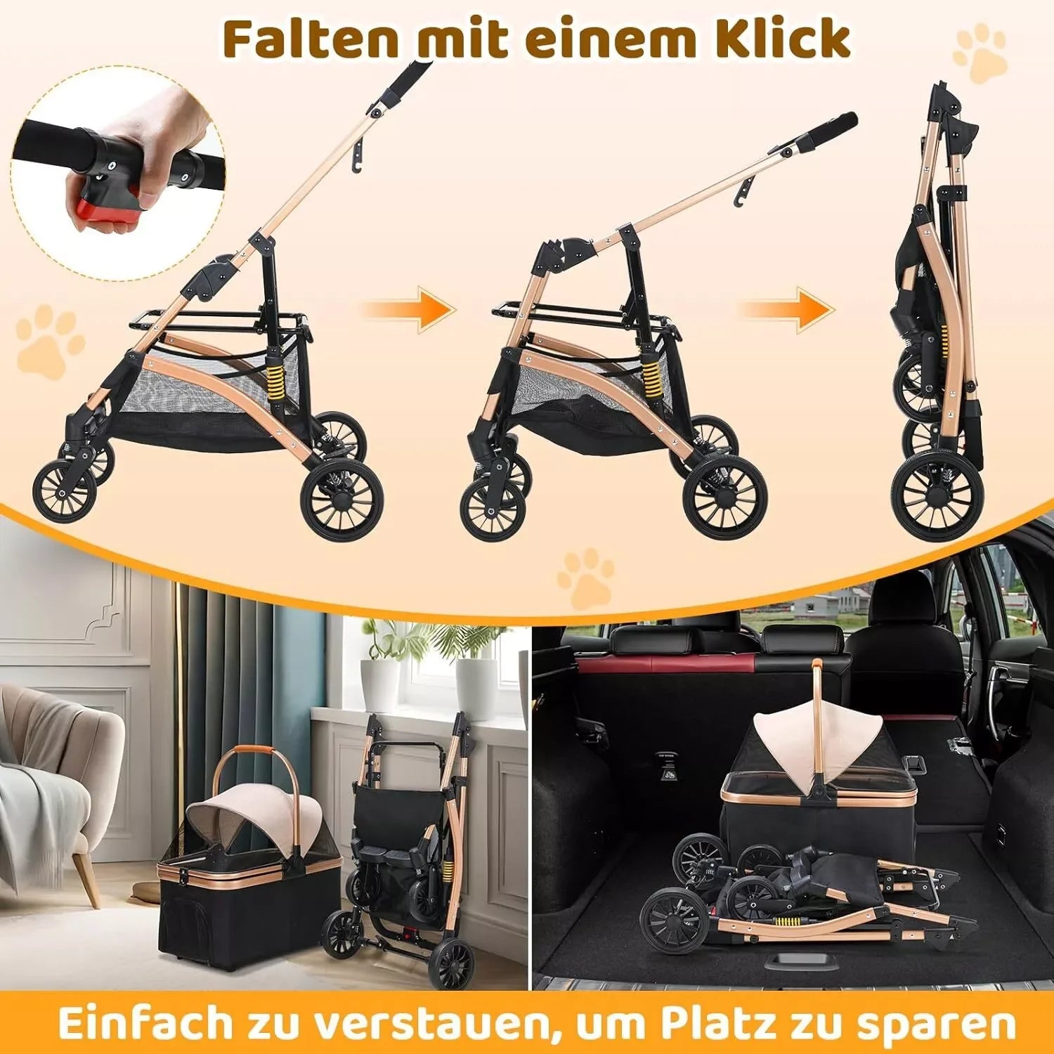Dog Buggy 2 in 1 Stroller Dog Box Transport Foldable Cat Stroller, 360° Wear-Resistant Rubber Wheels, with Storage Basket
