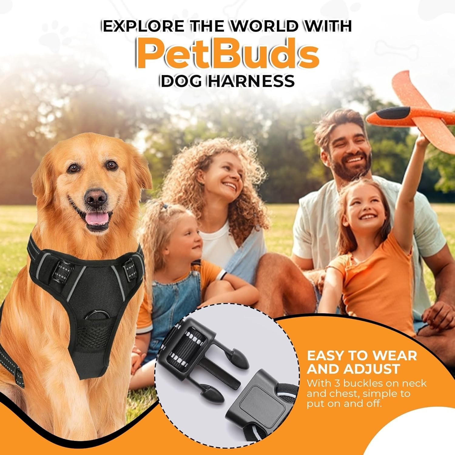Adjustable No Pull Dog Harness with Free Heavy Duty 5Ft Dog Leash by Petbuds UK