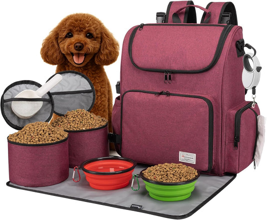 Dog Travel Bag Backpack, Airline Approved Pet Accessories Organizer for Dog and Cat with Shoulder Strap, 2 Dog Food Storage Containers, 2 Collapsible Dog Bowls,1 Pet Mat, Rose Red